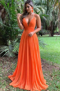 Sommer | A-Linie V-Ausschnitt Plissee Langes Chiffon Ballkleid