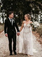 Neue Ankunft V-Ausschnitt Tüll Spitze Meerjungfrau Open Back Lange Brautkleider.DB10480