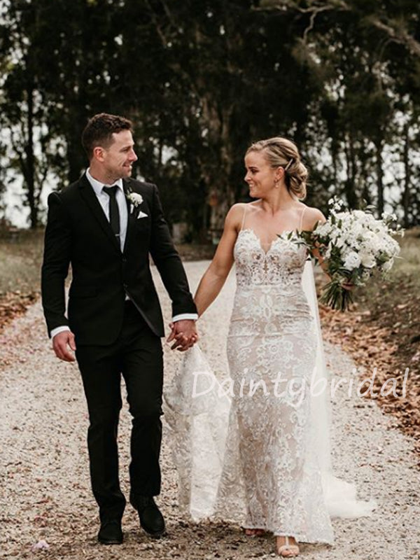 Neue Ankunft V-Ausschnitt Tüll Spitze Meerjungfrau Open Back Lange Brautkleider.DB10480