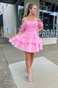 Vestidos de Fiesta para el Baile de Regreso a Casa en Línea A de Tul con Plumas Rosas Lindos