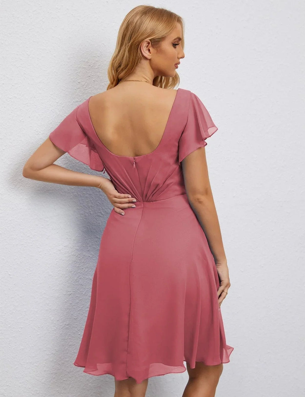 Vestido de Regreso a Casa con Espalda en U de Numbersea Vestido Formal para el Baile de Graduación Largo hasta la Rodilla Mangas Cortas Vestido para Fiesta de Cóctel 28077