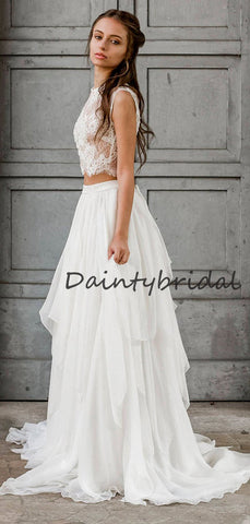 Erschwingliche U-Ausschnitt Zweiteilige einfache Chiffon Spitze Lange Brautkleider, DB10686