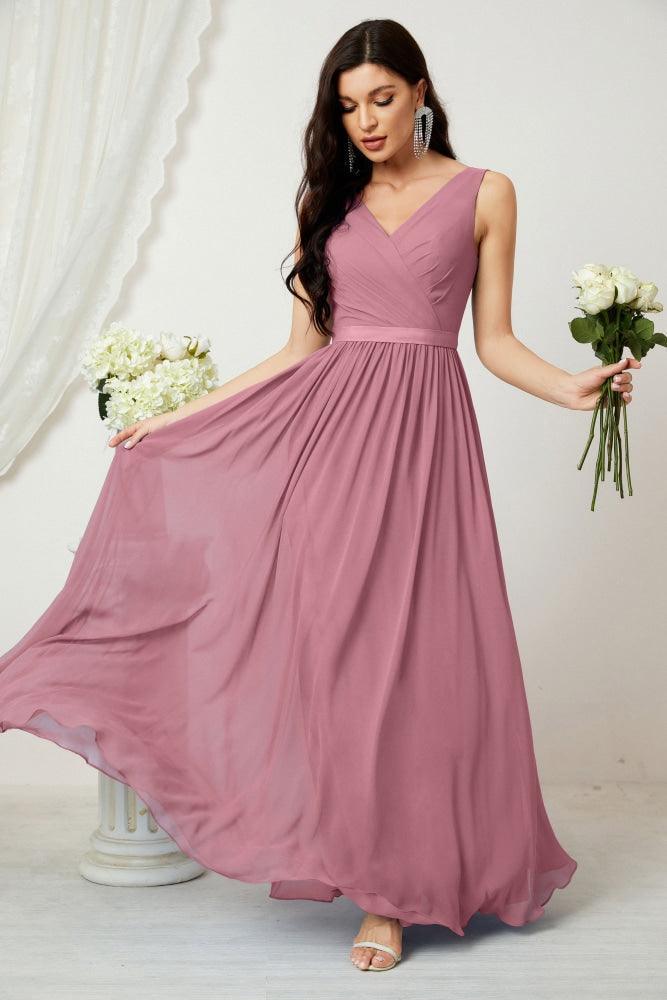 Vestido de dama de honor largo de gasa para mujer, línea A sin mangas, vestido formal de baile de graduación para fiesta nocturna, vestido de regreso a casa 2808