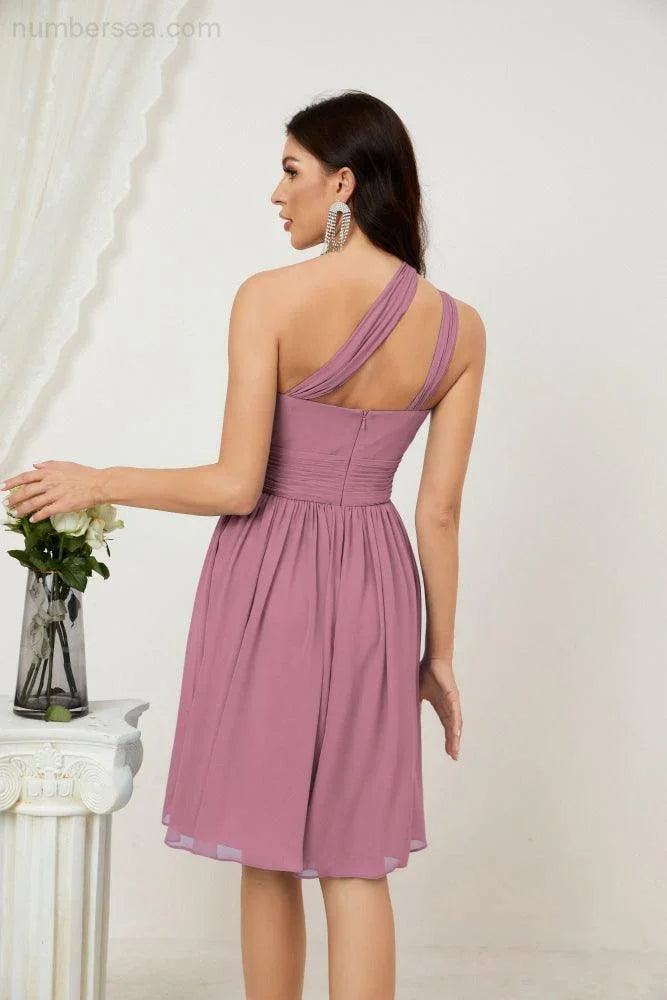 Vestido de dama de honor corto de chiffon de un hombro Numbersea para mujer Vestidos formales para fiesta y regreso a casa 2804