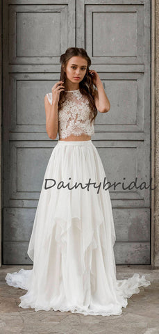 Erschwingliche U-Ausschnitt Zweiteilige einfache Chiffon Spitze Lange Brautkleider, DB10686