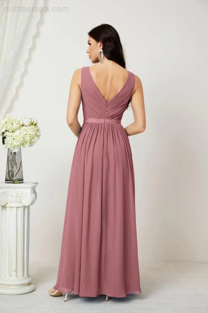 Abito da Sera Donna in Chiffon Lungo per Damigelle, Scollato, Senza Maniche, Linea A, per Feste Serali, Ballo di Fine Anno e Homecoming, Modello 2808