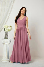 Abito da Sera Donna in Chiffon Lungo per Damigelle, Scollato, Senza Maniche, Linea A, per Feste Serali, Ballo di Fine Anno e Homecoming, Modello 2808