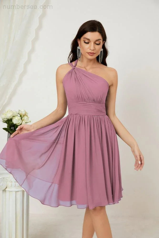 Vestido de dama de honor corto de chiffon de un hombro Numbersea para mujer Vestidos formales para fiesta y regreso a casa 2804