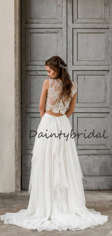 Erschwingliche U-Ausschnitt Zweiteilige einfache Chiffon Spitze Lange Brautkleider, DB10686
