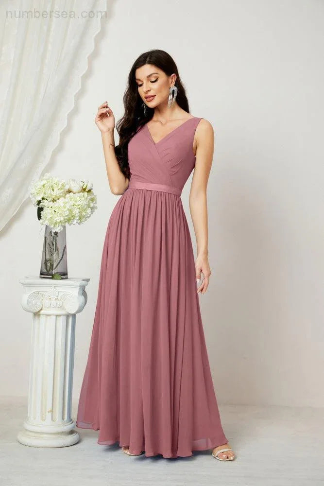 Abito da Sera Donna in Chiffon Lungo per Damigelle, Scollato, Senza Maniche, Linea A, per Feste Serali, Ballo di Fine Anno e Homecoming, Modello 2808