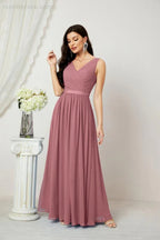 Abito da Sera Donna in Chiffon Lungo per Damigelle, Scollato, Senza Maniche, Linea A, per Feste Serali, Ballo di Fine Anno e Homecoming, Modello 2808