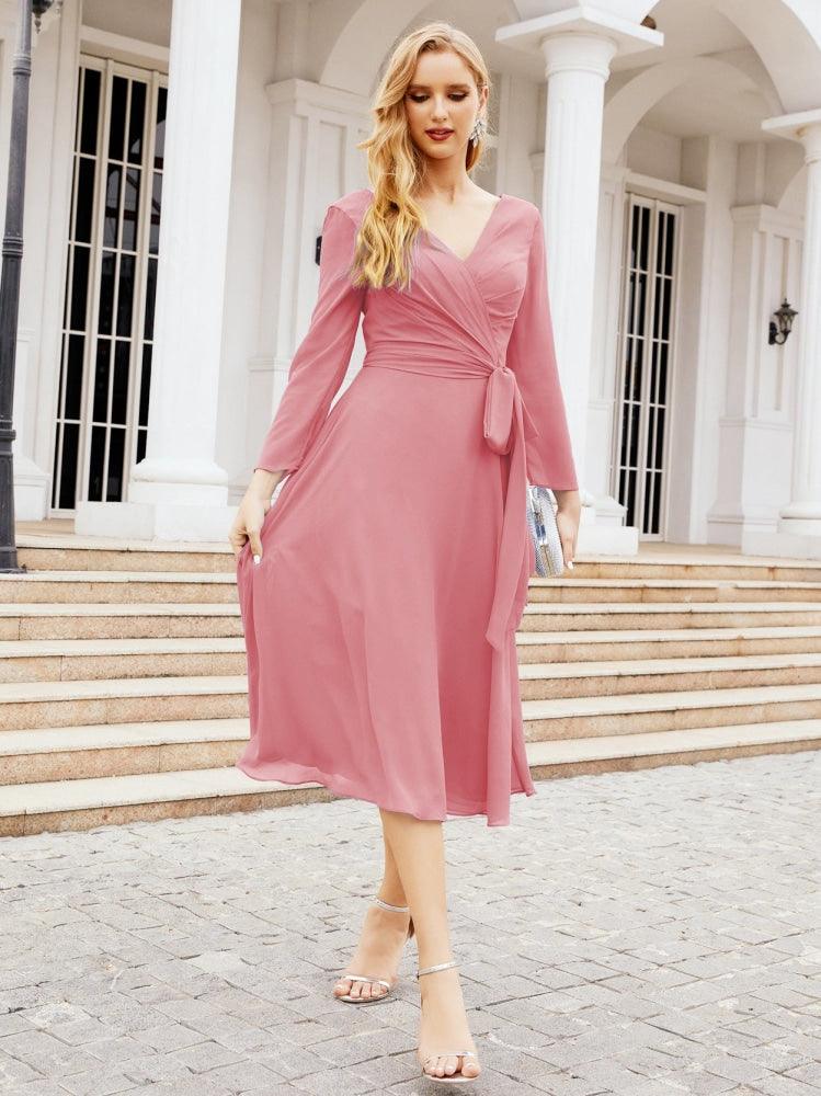 Vestido de madrinha com decote em V e cinto para mãe da noiva e convidada de casamento 28031 