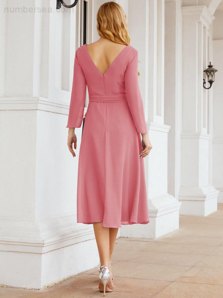 Vestido de madrinha com decote em V e cinto para mãe da noiva e convidada de casamento 28031 