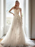 Vestidos de noiva elegantes, mangas compridas, ilusão, corte A, aplicações, tule branco, WD0536