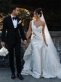 Abito da sposa in raso bianco A-line con applicazioni asimmetriche eleganti, WD0537