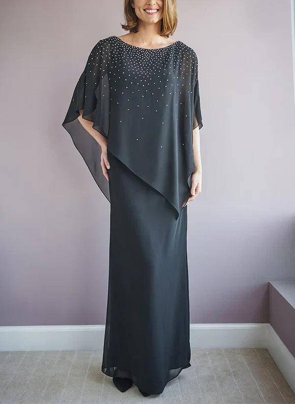 Vestidos para mães de noivas com decote redondo e manga curta, comprimento até ao chão