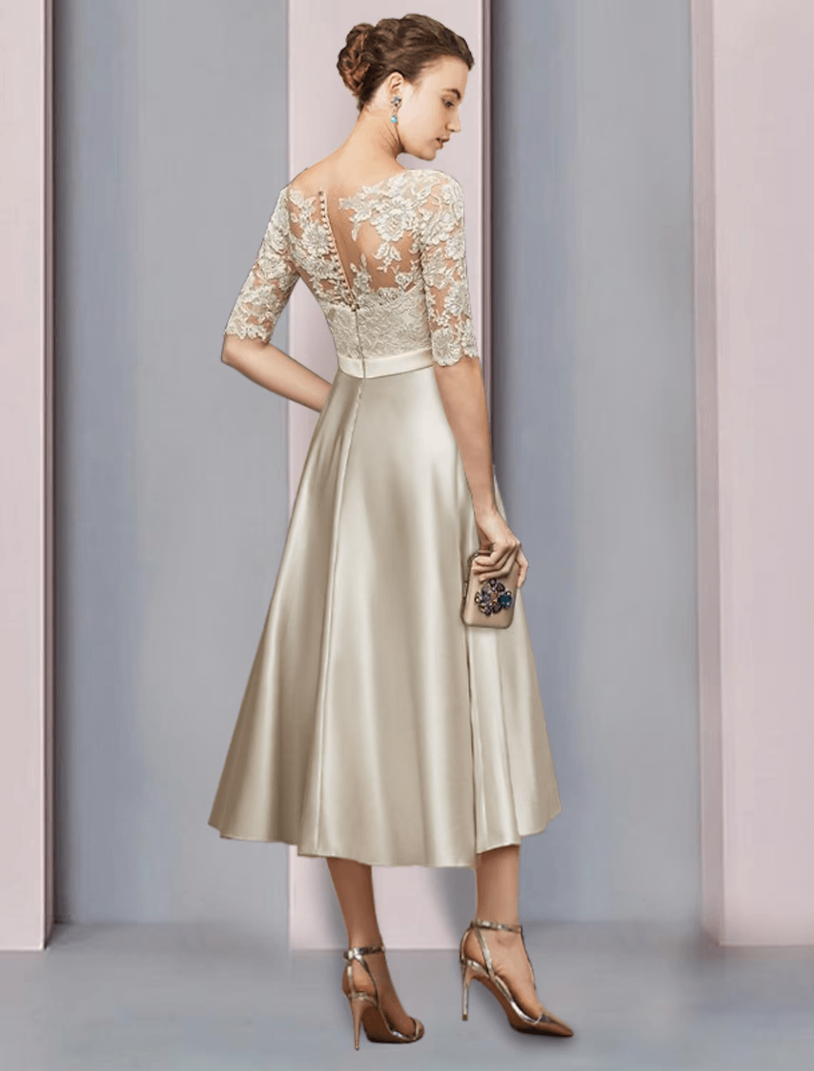 Vestido tubinho/coluna para mãe da noiva, festa de casamento, elegante, decote redondo, comprimento chá, cetim, renda, meia manga com laço(s), pregas