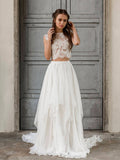 Vestidos de noiva compridos em chiffon com decote redondo e renda, duas peças, DB10686