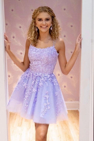 Träger Spitzenapplikation Blaues Homecoming-Kleid Kurzes Ballkleid PD424