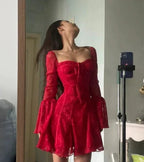 Sexy Rote Spitze Trompetenärmel Homecoming-Kleid Partykleid Y7655