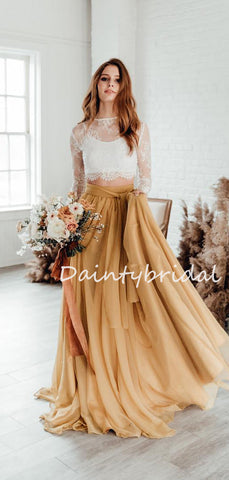 Erschwingliche zweiteilige einfache Chiffon Spitze Langarm lange Brautkleider, DB10687
