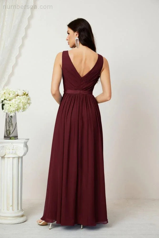 Abito da Sera Donna in Chiffon Lungo per Damigelle, Scollato, Senza Maniche, Linea A, per Feste Serali, Ballo di Fine Anno e Homecoming, Modello 2808