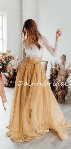 Erschwingliche zweiteilige einfache Chiffon Spitze Langarm lange Brautkleider, DB10687
