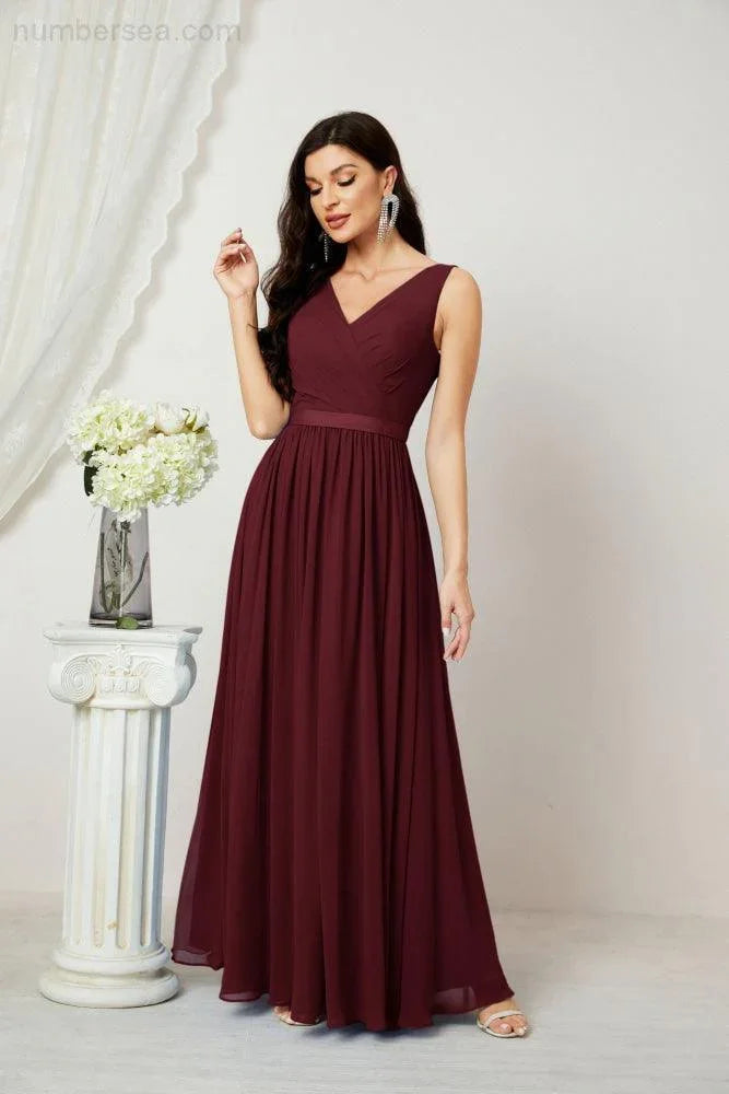 Abito da Sera Donna in Chiffon Lungo per Damigelle, Scollato, Senza Maniche, Linea A, per Feste Serali, Ballo di Fine Anno e Homecoming, Modello 2808
