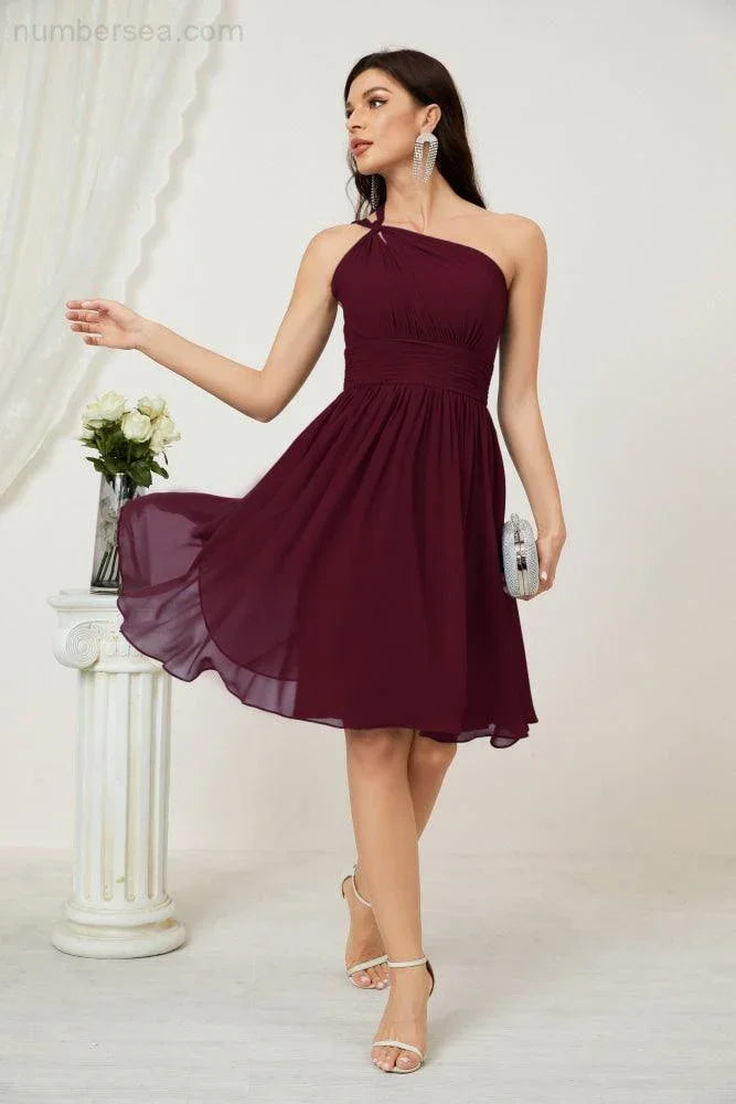 Vestido de dama de honor corto de chiffon de un hombro Numbersea para mujer Vestidos formales para fiesta y regreso a casa 2804