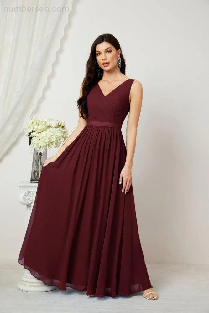 Abito da Sera Donna in Chiffon Lungo per Damigelle, Scollato, Senza Maniche, Linea A, per Feste Serali, Ballo di Fine Anno e Homecoming, Modello 2808