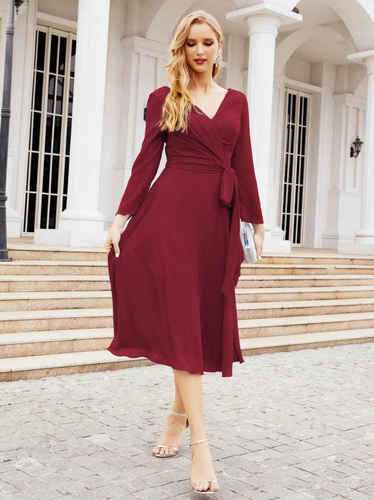 Vestido de madrinha com decote em V e cinto para mãe da noiva e convidada de casamento 28031 