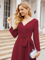 Vestido de madrinha com decote em V e cinto para mãe da noiva e convidada de casamento 28031 