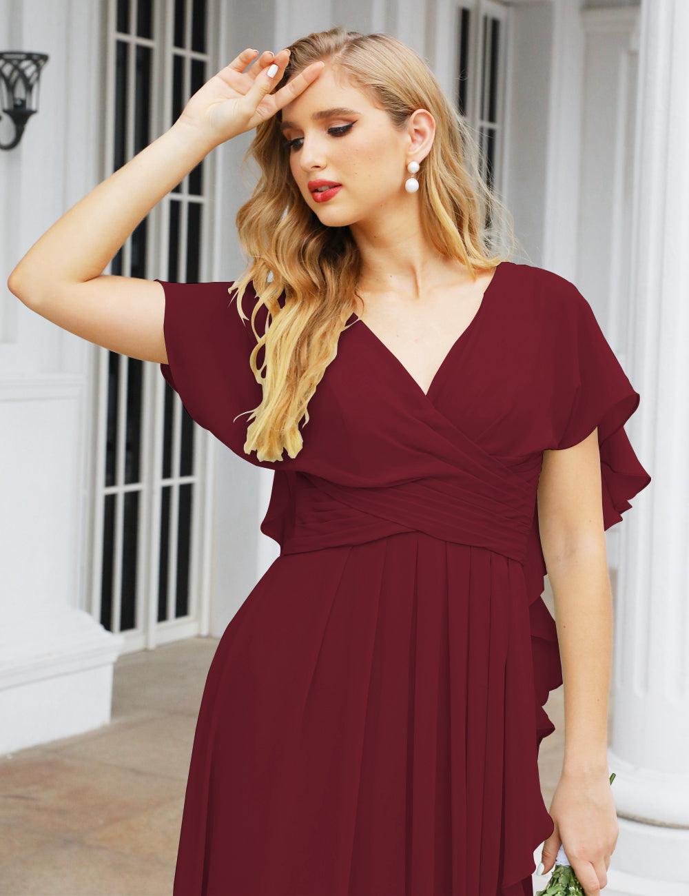 Numbersea Chiffon Bridesmaid Dresses Long Formal Evening Prom Mother of The Bride Dress with Flutter Sleeve     SEA28040