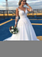 Gorgeous V-neck Long White Lace Applique Wedding dress, WD0431