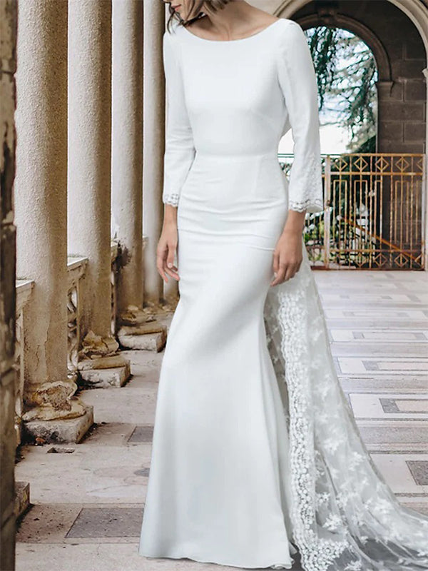 Meerjungfrau-Brautkleid mit Pinselschleppe, langen Ärmeln und Rundhalsausschnitt mit Spitze, WD0433