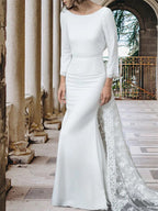 Meerjungfrau-Brautkleid mit Pinselschleppe, langen Ärmeln und Rundhalsausschnitt mit Spitze, WD0433