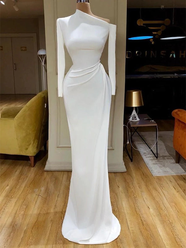 Abito da sposa sirena bianco semplice in raso con maniche lunghe, WD0441