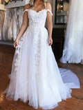 Vestido de noiva comprido em tule branco, corte A, ombro a ombro, WD0445