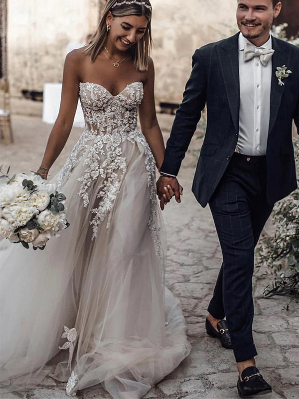 Vestido de noiva comprido com decote em A e aplicações em tule, WD0446