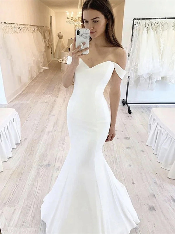 Vestido de novia blanco sirena con hombros descubiertos, WD0448