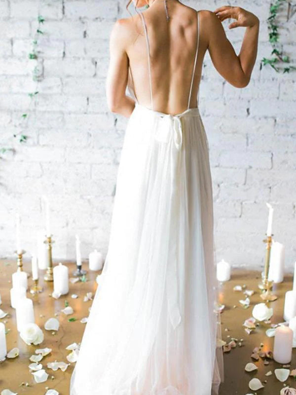Abito da sposa avorio semplice scollato a V profondo con strascico a strascico e bretelle, WD0452