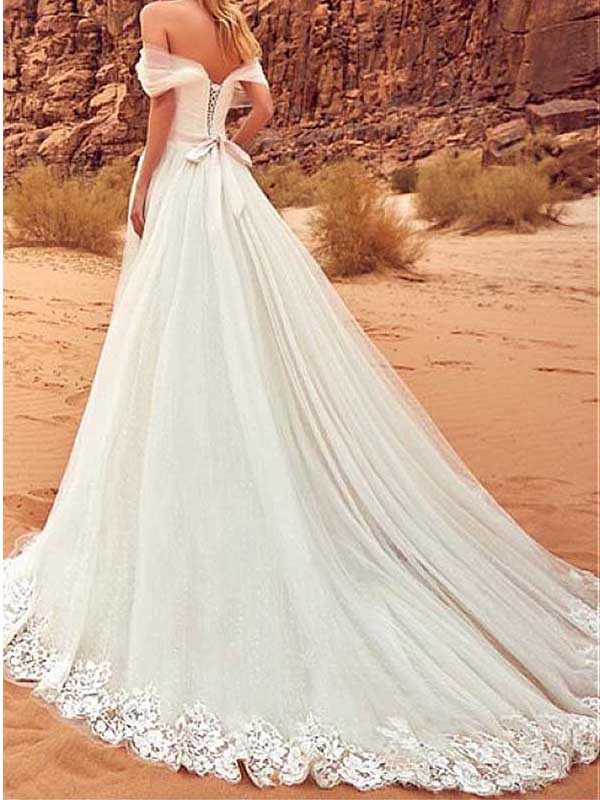 Abito da sposa in tulle e applicazioni avorio, spalle scoperte, WD0455