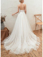 Abito da sposa in tulle, scollo a V, con applicazioni lunghe, WD0465
