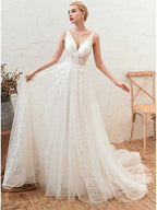 Abito da sposa in tulle, scollo a V, con applicazioni lunghe, WD0465