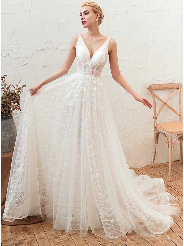 Robe de mariée longue en tulle avec décolleté en V et appliqués, WD0465
