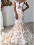 Abito da sposa sirena in tulle e pizzo applicato, color rosa champagne, WD0468