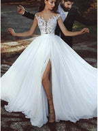Sexy schulterfreies Brautkleid mit seitlichem Schlitz und Tüllspitze, WD0469
