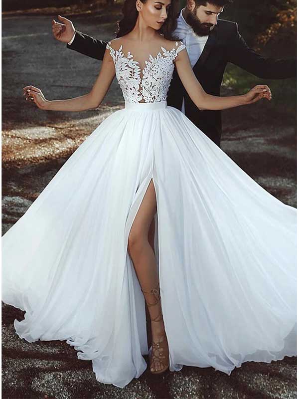 Sexy schulterfreies Brautkleid mit seitlichem Schlitz und Tüllspitze, WD0469