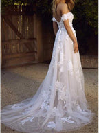 Charming Off Shoulder Tulle Lace Applique A-line Wedding Dress, WD0471