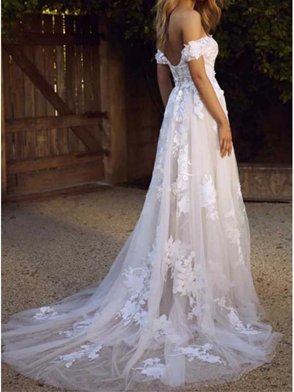 Charming Off Shoulder Tulle Lace Applique A-line Wedding Dress, WD0471